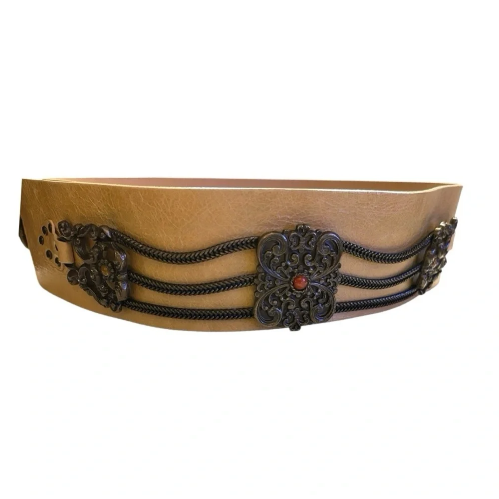 Renza Women’s Wide Leather Belt w/Baroque Medallions Stones Chain Boho Size L